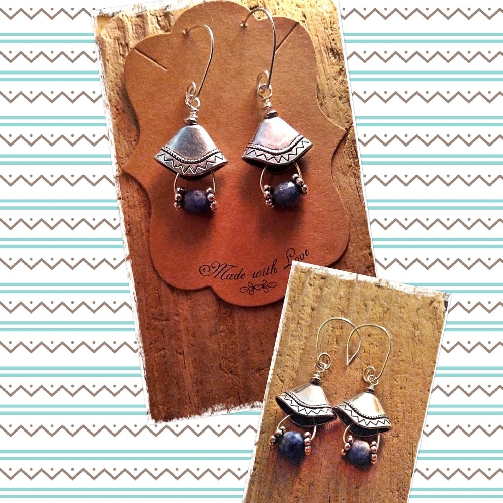 Handmade Silver Aztec & Sodalite  Bead Earrings